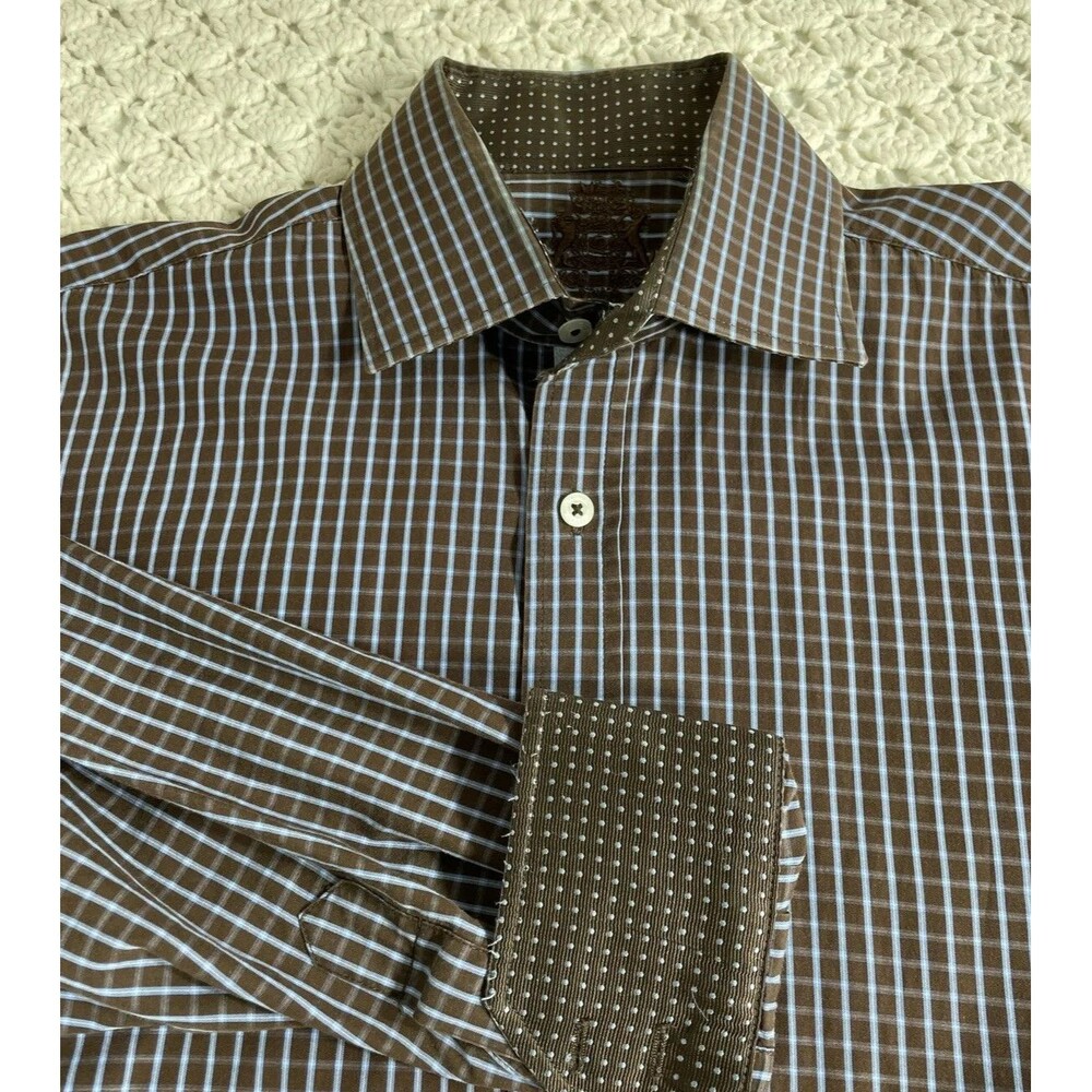 English Laundry Men’s Dress Shirt Blue 15 34/35 Brown Blue Check Flip Cuff